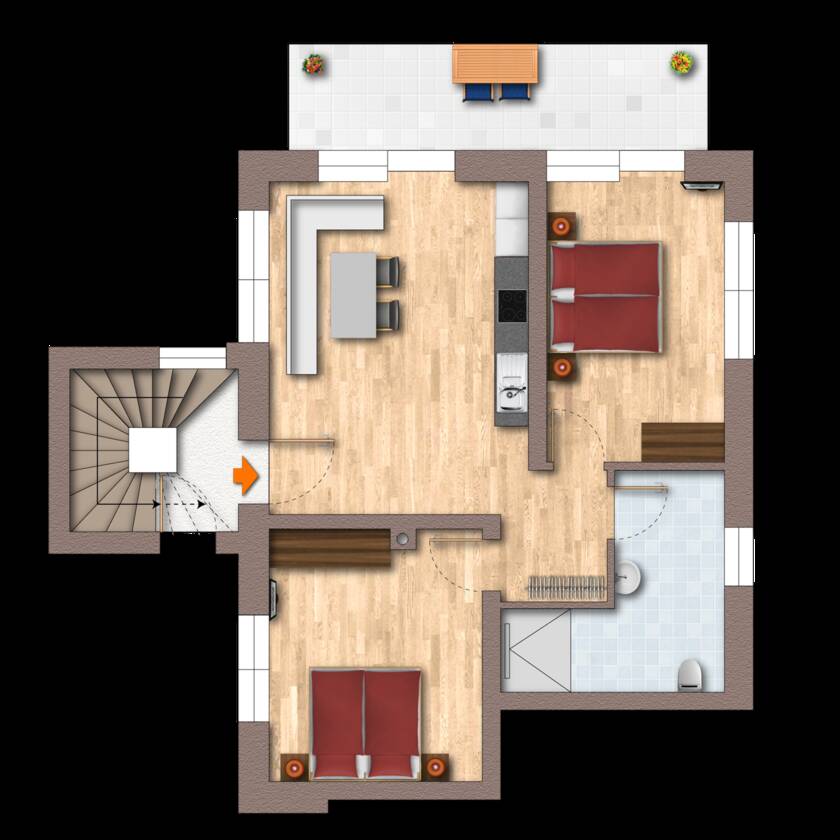 Grundriss der Ferienwohnung Wiesenblick mit zwei Schlafzimmern, Küche, Badezimmer und Terrasse