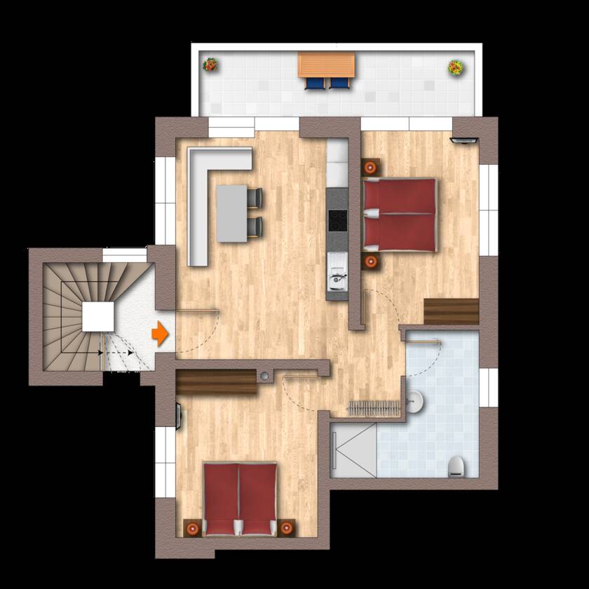 Grundriss der Ferienwohnung Sonneblick im Dachgeschoss mit zwei Schlafzimmern, Küche, Badezimmer und Balkon
