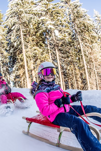 Familie rodelt die Rodelbahn am Spieljoch im Zillertal runter